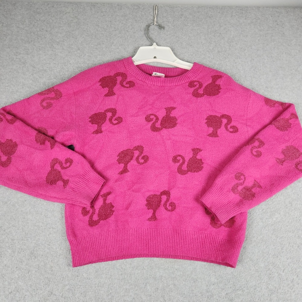 Barbie Sweater Womens XL Pink Metallic All Over Print Crew Neck Long Sleeve